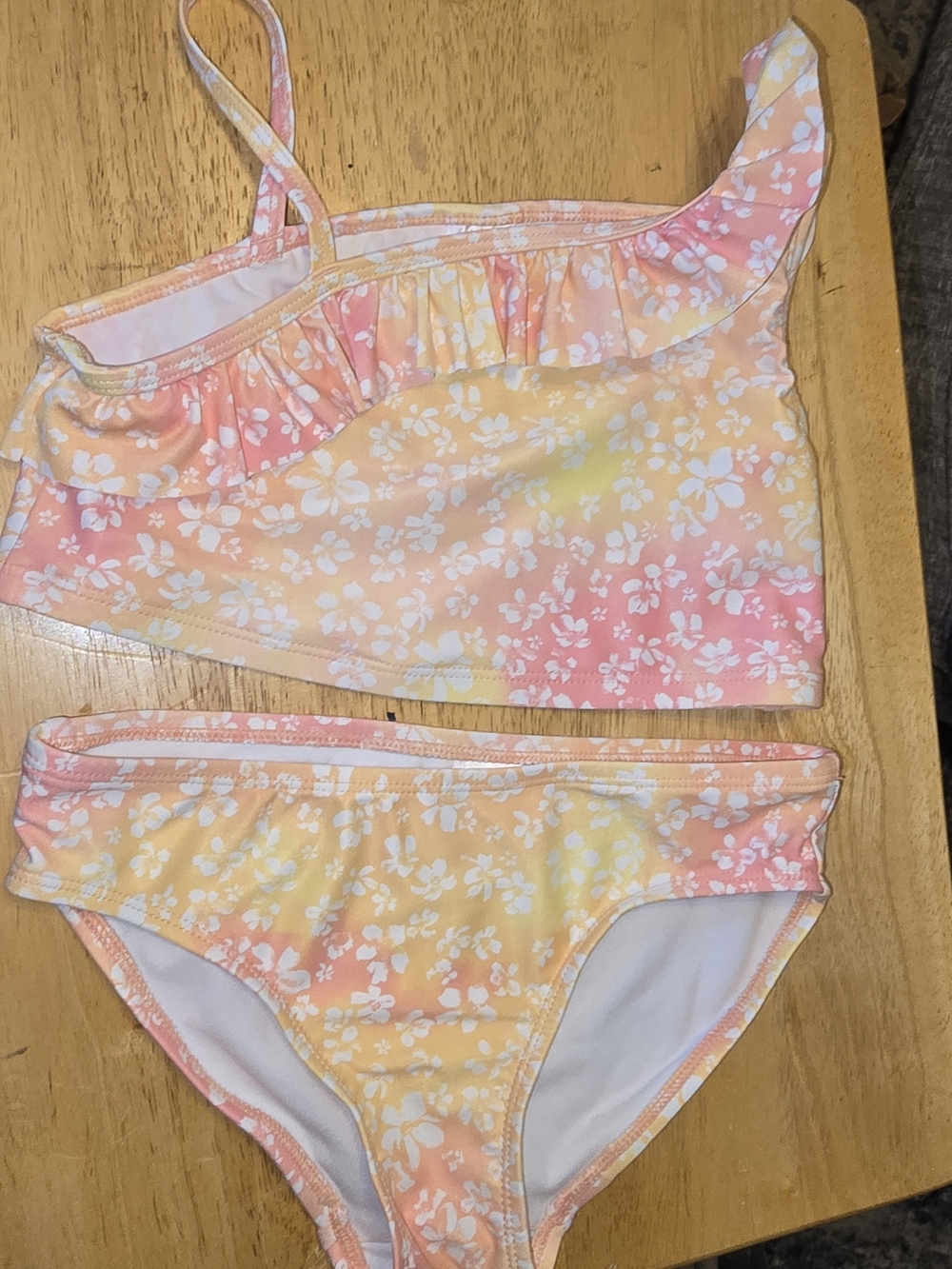 OshKosh B’gosh Girls 2 Piece Swimsuit Size 10 Orange Floral Ruffle Bikini Set